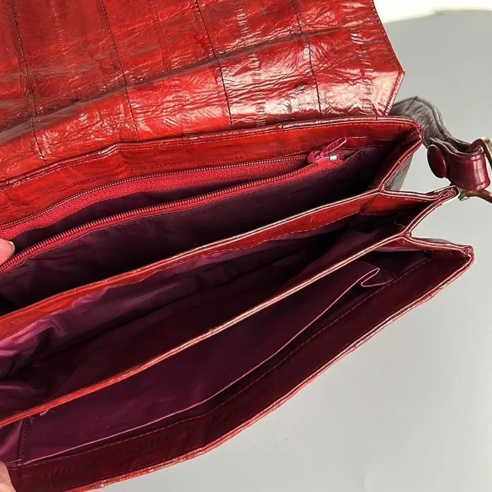 Vintage Real Eel Skin Maroon Clutch Shoulder Bag Purse